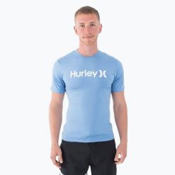 Koszulka męska Hurley O&O Quickdry Rashguard. Niebieskie koszulki sportowe męskie Hurley, m, bez wzorów, bez kołnierzyka, bez ramiączek, trekkingowe. Za 89.99 zł.