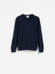 Sweter z wełny merino i kaszmiru - granatowy. Niebieskie swetry przez głowę męskie Reserved, l, bez wzorów, z kaszmiru, bez kołnierzyka. Za 299.99 zł.
