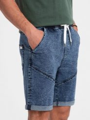 Podwinięte męskie krótkie spodenki jeansowe z przeszyciami – ciemnoniebieskie V3 - Rozmiar: M. Niebieskie szorty męskie Ombre Clothing, na lato, m, bez wzorów, z bawełny. W wyprzedaży za 49.99 zł.