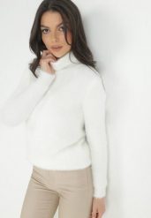 Biały Golf Wełniany Karle. Białe swetry damskie Born2be, m, bez wzorów, z tkaniny, klasyczne, bez kołnierzyka, bez ramiączek, długie, bez kaptura. Za 44.99 zł.