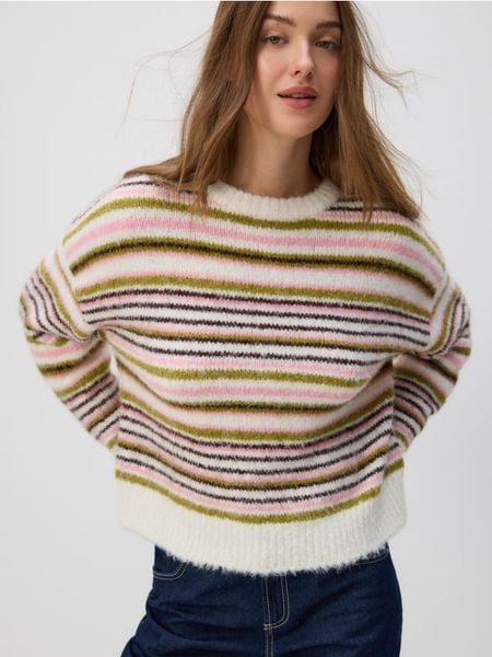 Sweter w paski - wielobarwny. Swetry damskie Reserved, l, bez wzorów, z dzianiny, bez kołnierzyka, bez ramiączek, bez kaptura. Za 139.99 zł.