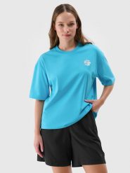 4F T-shirt oversize z nadrukiem damski - turkusowy S. Niebieskie koszulki sportowe damskie 4f, s, bez wzorów, z bawełny, klasyczne, bez kołnierzyka. W wyprzedaży za 39.99 zł.