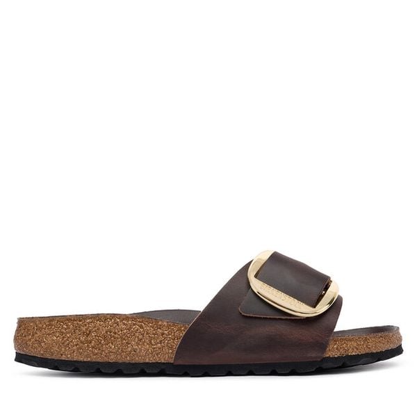 Klapki Birkenstock. Brązowe klapki damskie Birkenstock, bez wzorów, bez obcasa. Za 629.99 zł.