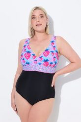 Damski Strój kąpielowy truskawki ozdobna wstążka miękkie miseczki z recyklingu. Czarne kostiumy jednoczęściowe damskie Ulla Popken, plus size, bez wzorów, z elastanu, plus size, do pływania. Za 191.99 zł.
