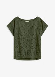 Bluzka z ażurową koronką. Niebieskie bluzki damskie bonprix, w ażurowe wzory, z koronki, eleganckie, bez kołnierzyka, bez ramiączek. Za 47.99 zł.