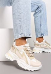 Beżowe Sneakersy Na Grubej Podeszwie z Przeszyciami i Sznurwaniem Marinil. Brązowe obuwie sportowe damskie Renee, bez wzorów. Za 89.99 zł.