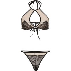 Biustonosz z ramiączkami wiązanymi na szyi + stringi "ouvert" (2 części) bonprix czarno-cielisty. Biustonosze marki bonprix. Za 27.99 zł.