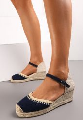 Granatowe Sandały na Koturnie z Plecionki z Juty Arminus. Niebieskie sandały damskie Renee, bez wzorów, bez obcasa, na koturnie, bez zapięcia. Za 59.99 zł.