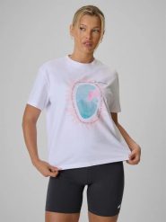 T-shirt loose z nadrukiem damski 4F 4FRSS26TTSHF4536. Białe t-shirty damskie 4f, m, bez wzorów, z bawełny, klasyczne, bez kołnierzyka. Za 45.99 zł.
