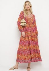 Czerwona Sukienka Rozkloszowana z Falbanką w Print Paisley Kapiss. Czerwone sukienki damskie Born2be, l, bez wzorów, eleganckie, bez kołnierzyka, bez ramiączek, maxi, rozkloszowane. Za 89.99 zł.