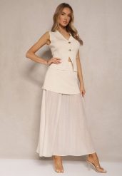Beżowy Elegancki Komplet Kamizelka i Rozkloszowana Spódnica Werani. Brązowe spódnice damskie Renee, bez wzorów, eleganckie, kopertowe. Za 179.99 zł.