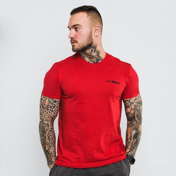 Koszulka męska fitness regular Basic. Czerwone koszulki sportowe męskie GYMBEAM, m, bez wzorów, z bawełny, bez kołnierzyka, bez ramiączek, na fitness i siłownię. Za 41.90 zł.