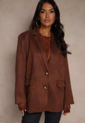 Brązowa Oversizowa Marynarka w Stylu Retro Zenorela. Brązowe żakiety damskie Renee, l, z aplikacjami, z jeansu, eleganckie. Za 249.99 zł.