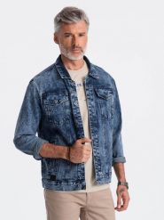 Jeansowa kurtka męska katana z washem – niebieska V4. Niebieskie kurtki męskie Ombre Clothing, m, bez wzorów, z denimu, casualowe, bez kaptura. W wyprzedaży za 79.99 zł.