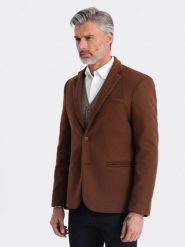 Marynarka męska casual z ozdobnymi guzikami na mankietach - czekoladowy brąz V1 - Rozmiar: XL. Brązowe marynarki męskie Ombre Clothing, bez wzorów, casualowe. W wyprzedaży za 149.99 zł.