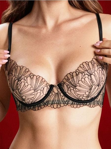 Biustonosz półusztywniany z haftem - czarny. Czarne biustonosze Sinsay, bez wzorów. Za 29.99 zł.