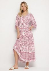 Różowa Sukienka Bawełniana w Ornamentalny Wzór z Gumką w Talii Orrielle. Czerwone sukienki damskie Born2be, na co dzień, l, bez wzorów, z bawełny, sportowe, bez kołnierzyka, bez ramiączek, maxi, sportowe. Za 79.99 zł.