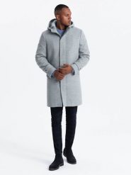 Monochromatyczny długi męski płaszcz z kapturem – szary melanż V1 - Rozmiar: XXL. Szare płaszcze męskie Ombre Clothing, m, bez wzorów, z materiału, eleganckie, długie, z kapturem. W wyprzedaży za 412.49 zł.