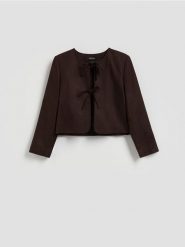 Marynarka z lnem i wiskozą - ciemnobrązowy. Brązowe żakiety damskie Reserved, l, bez wzorów, z tkaniny. Za 159.99 zł.