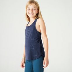 Koszulka bez rękawów dziecięca Domyos 500. Niebieskie t-shirty i topy dla dziewczynek DOMYOS, bez wzorów, z elastanu, bez ramiączek. Za 24.99 zł.