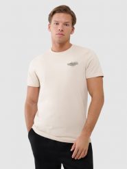 4F T-shirt regular z nadrukiem męski - beżowy S. Brązowe koszulki sportowe męskie 4f, m, bez wzorów, z bawełny, klasyczne, bez kołnierzyka. W wyprzedaży za 49.99 zł.