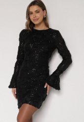Czarna Cekinowa Sukienka z Kwiatami 3D Naweda. Czarne sukienki damskie Born2be, do pracy, l, bez wzorów, z jeansu, biznesowe, bez kołnierzyka, bez ramiączek. Za 209.99 zł.