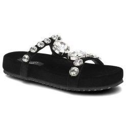 Klapki damskie Scaviola, z materiału tekstylnego z paskiem zdobionym cyrkoniami wsuwaną konstrukcją materiałową wkładką wnętrzem ze skóry ekologiczne. Czarne sandały damskie Sca'viola, z aplikacjami, z materiału, bez obcasa, bez zapięcia. Za 329.00 zł.
