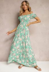 Zielona Kwiecista Sukienka o Rozkloszowanym Kroju z Marszczoną Górą Eliseria. Zielone sukienki damskie Renee, bez wzorów, z materiału, eleganckie, bez ramiączek. Za 49.99 zł.