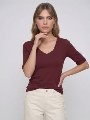 Bawełniana koszulka z dekoltem V - pomarańczowy. Brązowe t-shirty damskie Sinsay, l, bez wzorów, z bawełny, bez kołnierzyka. Za 15.99 zł.