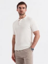 Męska koszulka polo z wiskozą SLIM FIT w pionowy prążek złamana biel V3 OM-POSS-0143 XL. Koszulki polo męskie Ombre, m, bez wzorów, z wiskozy, bez ramiączek. Za 302.57 zł.