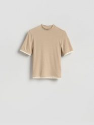 T-shirt z wiskozą - beżowy. Brązowe t-shirty damskie Reserved, l, bez wzorów, z dzianiny, bez kołnierzyka. Za 69.99 zł.