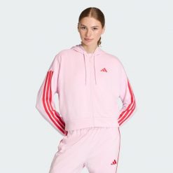 Bluza z kapturem Essentials 3-Stripes French Terry Full-Zip. Czerwone bluzy damskie Adidas, bez wzorów, z materiału, z kapturem. Za 259.00 zł.