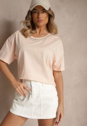Beżowy T-shirt z Bawełny z Cyrkoniami Fadeola. Brązowe bluzki damskie Renee, l, bez wzorów, z bawełny, eleganckie, bez kołnierzyka. Za 39.99 zł.