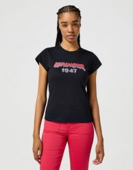 WRANGLER DAMSKA KOSZULKA WRANGLER SHRUNKEN BAND TEE BLACK 112355289. Czarne t-shirty damskie Wrangler, xs, bez wzorów, bez kołnierzyka. Za 89.99 zł.