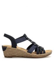Rieker Sandały 62436-14 Granatowy. Niebieskie klapki damskie Rieker, bez wzorów, z syntetyku, bez obcasa, na koturnie, bez zapięcia. Za 319.99 zł.