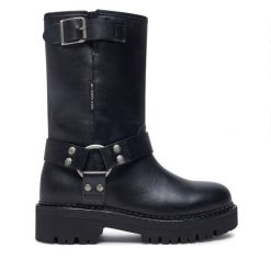 Botki Tommy Jeans. Czarne botki damskie Tommy Jeans, z jeansu, bez obcasa, na płaskiej podeszwie, bez zapięcia. Za 759.99 zł.