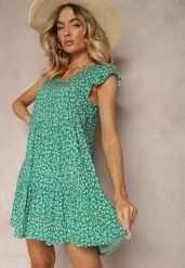 Zielona Rozkloszowana Sukienka z Bawełny Ozdobiona Falbanką Crisandra. Zielone sukienki damskie Renee, na co dzień, l, bez wzorów, z bawełny, eleganckie, bez kołnierzyka, bez ramiączek, mini, proste. Za 39.99 zł.