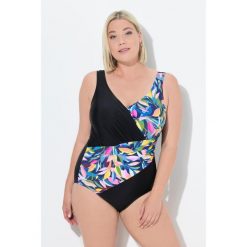 Damski Strój kąpielowy liście drapowany miękkie miseczki z recyklingu. Czarne kostiumy jednoczęściowe damskie Ulla Popken, l, bez wzorów, z elastanu, sportowe, plus size, do pływania. Za 294.99 zł.
