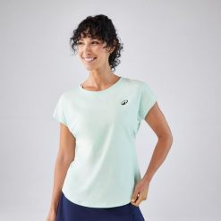 Koszulka tenisowa z okrągłym dekoltem damska Artengo Dry. Niebieskie koszulki sportowe damskie KUIKMA, m, bez wzorów, z elastanu, bez kołnierzyka, bez ramiączek, tenisowe. Za 59.99 zł.