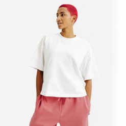 Koszulka damska crop top Elementals. Białe koszulki sportowe damskie Decathlon, xl, bez wzorów, z bawełny, bez kołnierzyka, bez ramiączek. Za 49.99 zł.