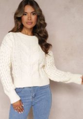 Jasnobeżowy Sweter z Wełną i Bawełną w Warkoczykowy Splot Kestina. Brązowe swetry damskie Renee, m, z aplikacjami, z bawełny, casualowe, bez kołnierzyka, bez ramiączek, bez kaptura. Za 84.99 zł.