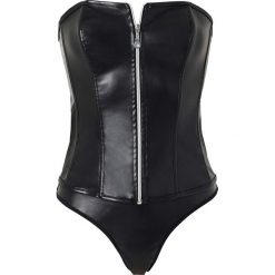 Gorset + stringi (2 części) bonprix czarny. Czarne body damskie bonprix, z materiału. Za 99.99 zł.