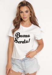 Biały Bawełniany T-shirt z Ozdobnym Napisem z Cyrkonii Tiavalia. Białe bluzki damskie Born2be, l, bez wzorów, z bawełny, eleganckie, bez kołnierzyka. Za 34.99 zł.