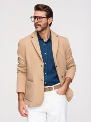 Strukturalna męska marynarka z podpinką z wysokim kołnierzem i kapturem – jasnobrązowa V1 - Rozmiar: L. Brązowe marynarki męskie Ombre Clothing, bez wzorów, z dzianiny, biznesowe. Za 419.99 zł.