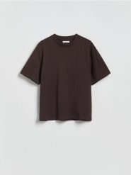 Bawełniany t-shirt oversize - brązowy. Brązowe t-shirty damskie Reserved, l, bez wzorów, z bawełny, bez kołnierzyka. Za 39.99 zł.