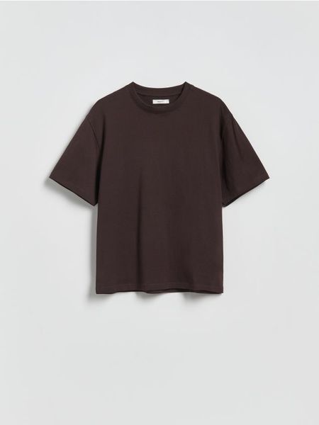Bawełniany t-shirt oversize - brązowy. Brązowe t-shirty damskie Reserved, l, bez wzorów, z bawełny, bez kołnierzyka. Za 39.99 zł.