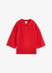 Sweter z kołnierzykiem polo z mieszanki bawełny. Czerwone swetry damskie bonprix, bez wzorów, z bawełny, bez kołnierzyka, bez ramiączek, bez kaptura. Za 109.99 zł.