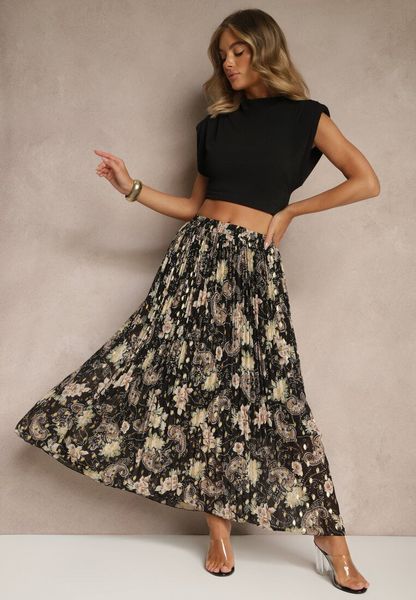 Czarna Rozkloszowana Spódnica w Kwiatowy Wzór z Plisami i Metalicznym Nadrukiem Follanea. Czarne spódnice damskie Renee, na lato, m, bez wzorów, eleganckie, maxi, koszulowe. Za 79.99 zł.