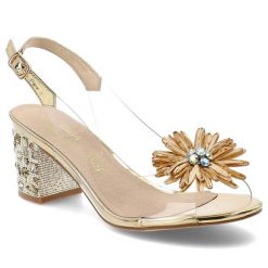 Sandały damskie S.Barski, cholewka z transparentnymi elementami zapięcie na sprzączkę odkryty fason z ozdobną aplikacją, złote, MR61-9007. Żółte klapki damskie S.BARSKI, z aplikacjami, bez obcasa, na obcasie. Za 199.00 zł.