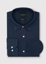 PAKO LORENTE - Lniana koszula męska w kolorze granatowym. Koszule męskie Pako Lorente, na lato, l, bez wzorów, ze lnu, casualowe, bez kołnierzyka, bez ramiączek. Za 299.99 zł.